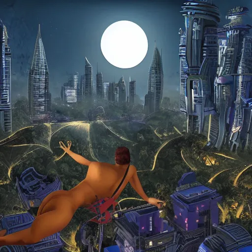 Prompt: photo-realistic jungle futuristic city full moon with a morbidly obese ironman flying over the city