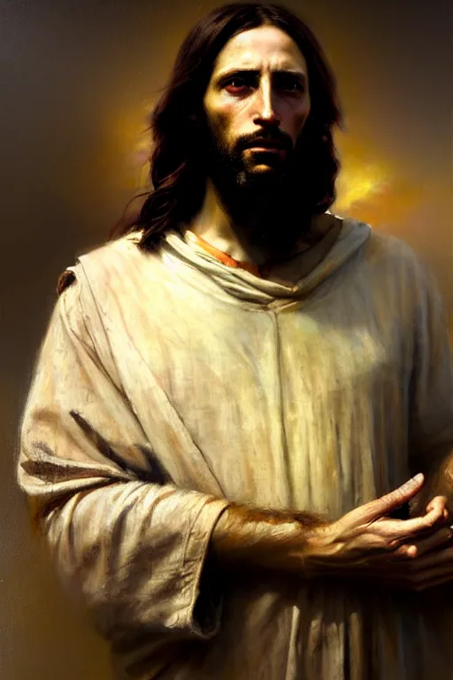 Image similar to photograph imax and solomon joseph solomon and richard schmid and jeremy lipking victorian loose genre loose painting full length portrait painting of jesus