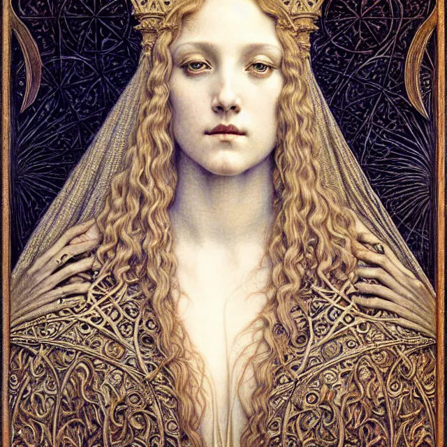 Image similar to detailed realistic beautiful young medieval queen face portrait by jean delville, gustave dore and marco mazzoni, art nouveau, symbolist, visionary, gothic, pre - raphaelite. horizontal symmetry