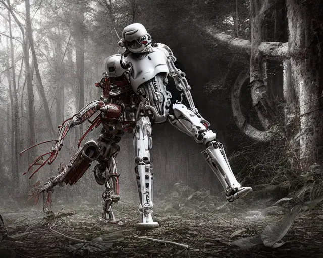 Image similar to photo of a white terminator stormtrooper with heavy duty biomechanical hydraulic cybernetic body fighting with a jedi in the forest. cyberpunk horror style. highly detailed 8 k. intricate. nikon d 8 5 0 5 5 mm. award winning photography. art by hr giger and zdzislaw beksinski in the style of hzd