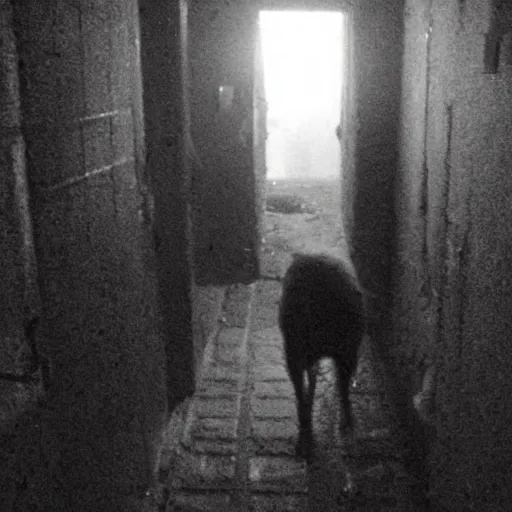 Prompt: hi - 8 night vision camera found - footage of a barely visible, bipedal minotaur, shrouded in darkness at the end of an extremely dark, unlit hallway in a basement of an abandoned house