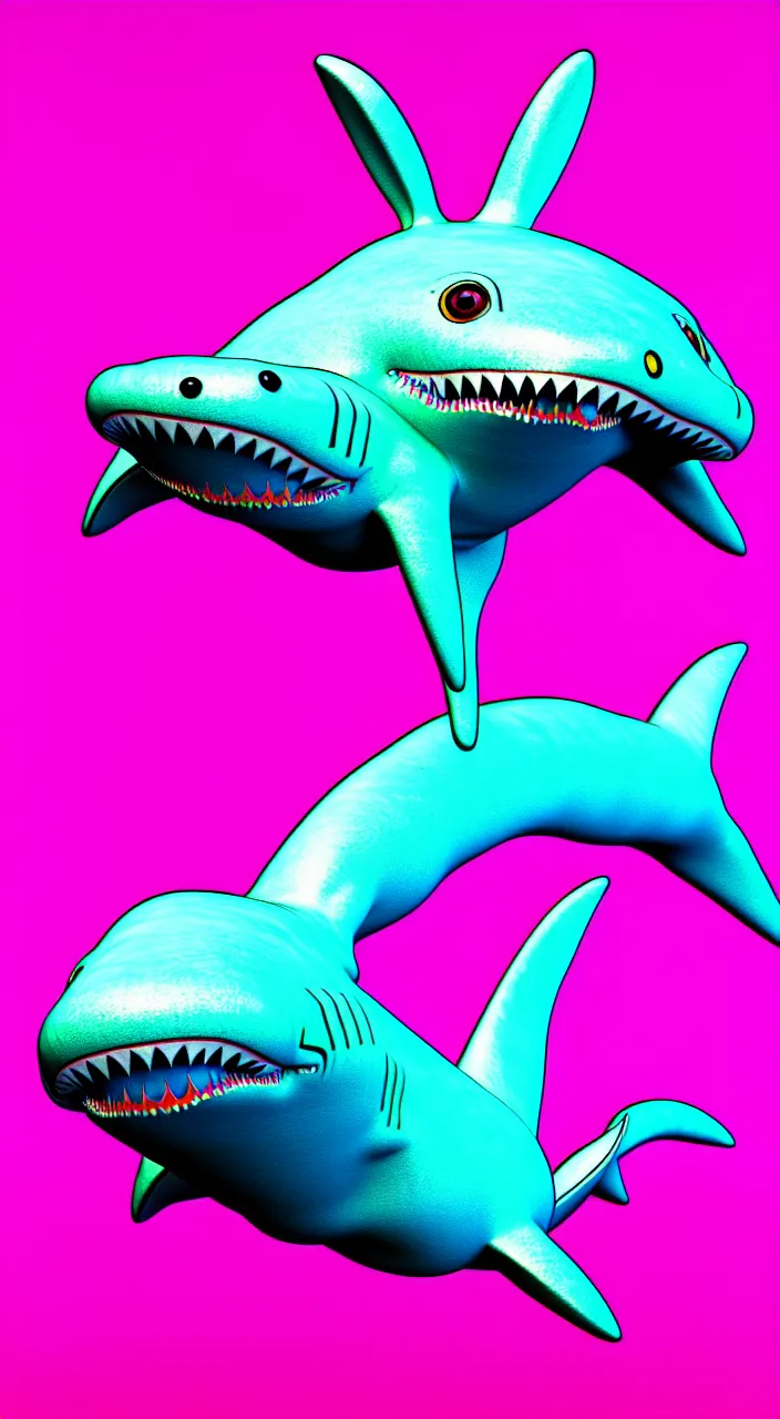 Prompt: a detailed 3d render of a bunny disguised as a shark in the style of junji ito and moebius, rainbow color scheme, ornate, photosynthetic,8k,award winning art,