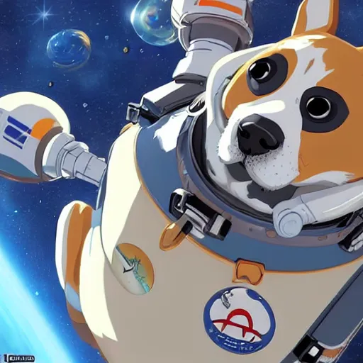 Prompt: a heroic corgi cosmonaut in outer space, scene from an anime, highly detailed, 3 d, smooth, trending on artstation