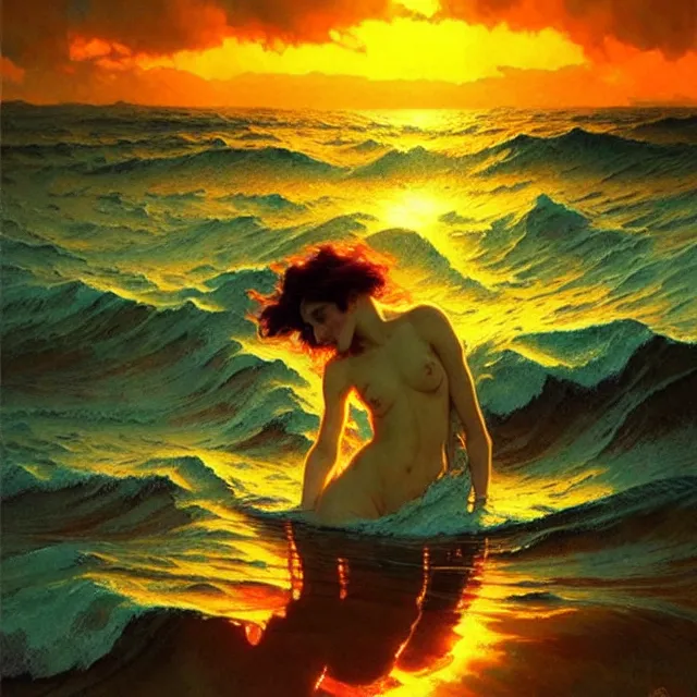 Image similar to backlit ocean waves of glossy kaleidoscopic liquid honey drops flowing like psychedelic translucent amber, lsd waves, lsd ripples, backlit, sunset, refracted lighting, art by collier, albert aublet, krenz cushart, artem demura, alphonse mucha