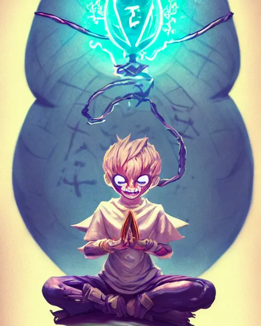 Image similar to a tiny cute demon meditating, wrapped in sacred parchment with glowing text, smooth, intricate, elegant, digital painting, artstation, power runes, pulsing energy, concept art, sharp focus, octane render, illustration, art by shintaro kago and carne griffiths, overwatch character,