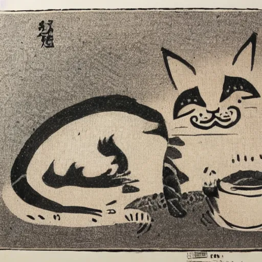Prompt: cat made of coffee beans in lithography style of ogata korin