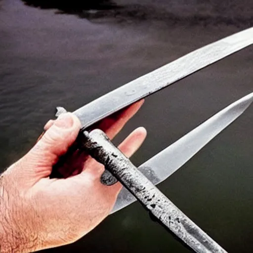 Image similar to still photograph of a hand holding a sword, appearing out of water