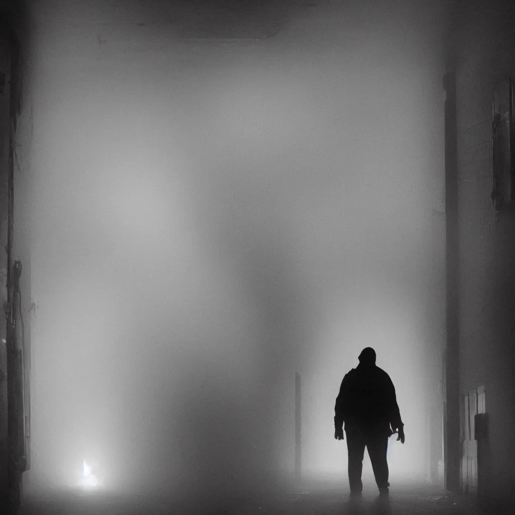 Image similar to a backlit, mostly silhouetted threatening person with long limbs and glowing eyes walks down a long shadowy apartment hallway dragging something behind it, low lying fog swirls at their feet, the ceiling is in darkness, water drips down from above, smoke, gloomy, nightmarish security footage, detailed