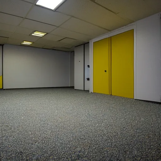 Prompt: Backrooms, old moist carpet, mono-yellow, fluorescent lights, randomly segmented rooms, eerie