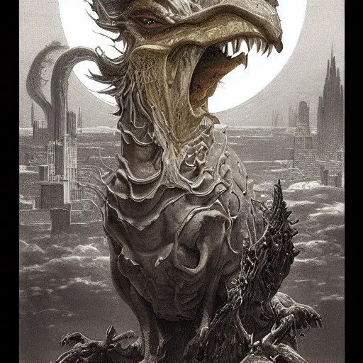 Prompt: portrait of immense, majestic, surreal, terrifying yoshi!!! standing triumphant over the city, perfectly clear face, by j. c. leyendecker, bosch, and beksinski