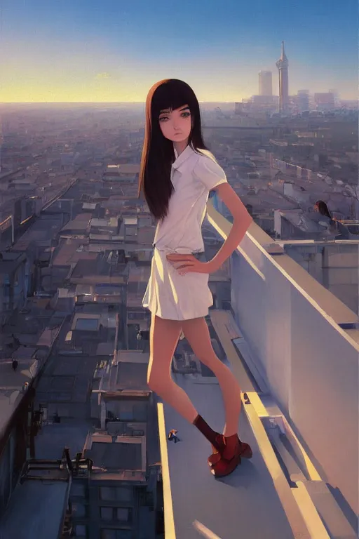 Prompt: A ultradetailed beautiful panting of a stylish girl painting on a canvas, she is standing on a rooftop, by Ilya Kuvshinov, Greg Rutkowski and Makoto Shinkai