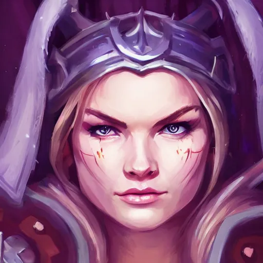 Image similar to epic portrait an beautiful female viking, front facing symmetrical centered painted portrait, just one head, Elisha Cuthbert as a D&D Paladin, RPG character avatar, Blizzard concept art, pixar, dreamworks, global illumination lighting, trending on artstation, by lois van baarle, ilya kuvshinov, rossdraws