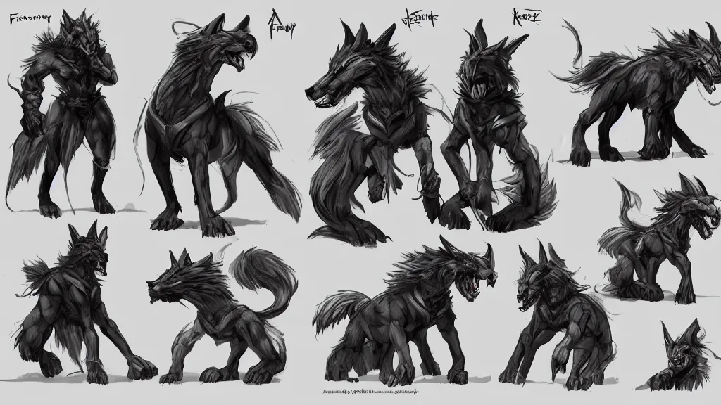 Image similar to a fantasy worg character mount design sheet, trending on artstation