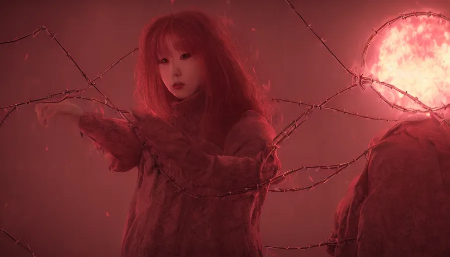 Image similar to intricate screenshot of Chuu from LOONA as a dark souls boss. Red fog. Menacing, holding a baseball covered in barbed wire. Octane render, horror