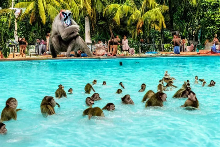 Prompt: Many monkeys swim in a public pool, wearing bathing suits, tropical location, vacation spot