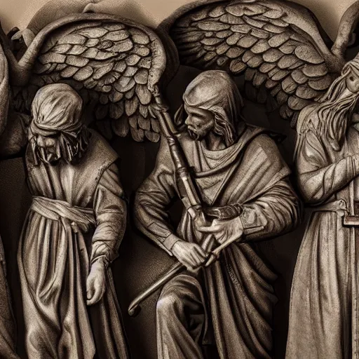 Image similar to angels protecting a praying man very highly detailed, award winning, trending on artstation, 4K UHD image