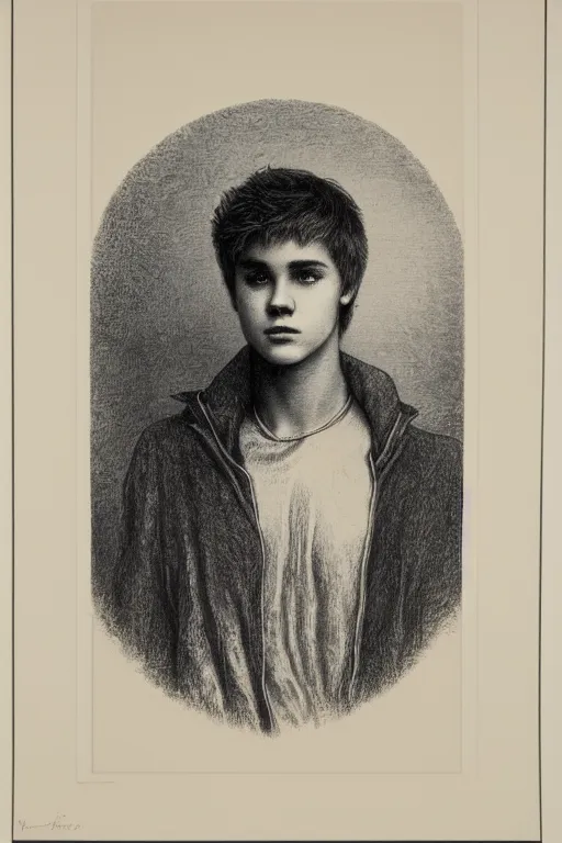 Image similar to portrait of Justin Bieber, Gustave Dore lithography