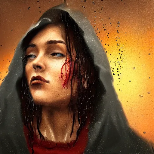 Prompt: impudent facial expression of a shameless woman, impudent facial expression of shameless woman, atmosphere of bloody rain, cross in the distance, Jesus Christ in the background, trending on artstation, highly detailed, digital painting, volumetric light, concept art, sharp focus, illustration