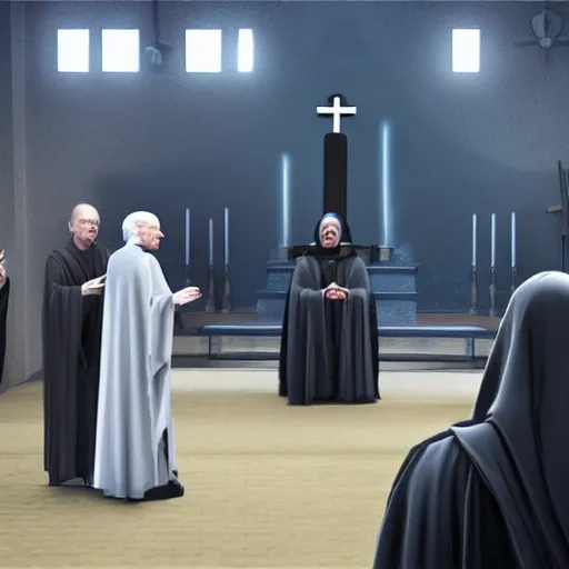 Image similar to emperor palpatine preaching to people at church, 8k cinematic lighting, very sharp detail, anatomically correct