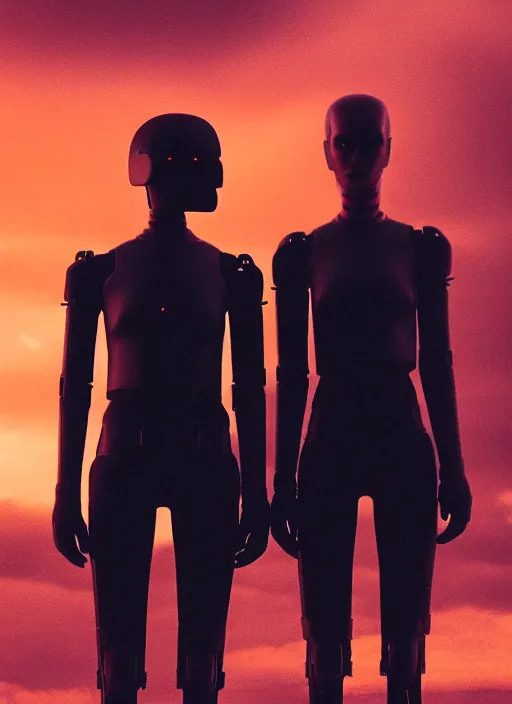 Image similar to cinestill 5 0 d photographic portrait of two loving female androids wearing rugged black cutout waist techwear on a desolate plain with a red sky, extreme closeup, modern cyberpunk, dust storm, 8 k, hd, high resolution, 3 5 mm, f / 3 2, ultra realistic faces, ex machina, blade runner