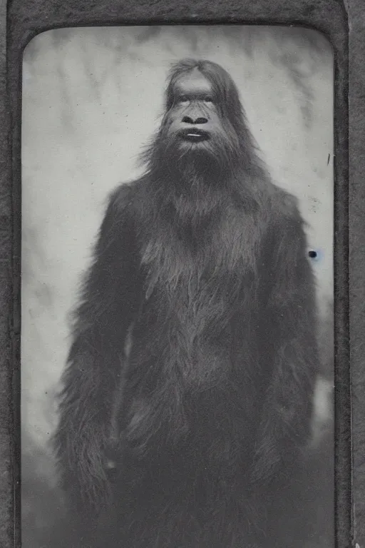 Image similar to a tintype photograph of a Sasquatch