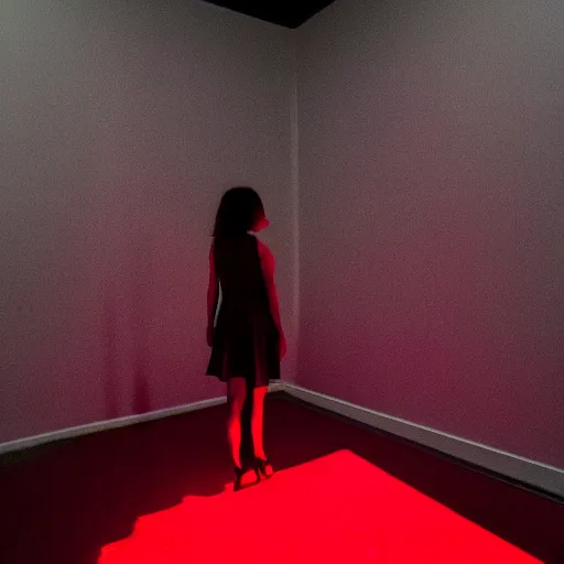 Prompt: she stands in the room, the red light from above defines her perfect shape in the shadow she casts across the floor below