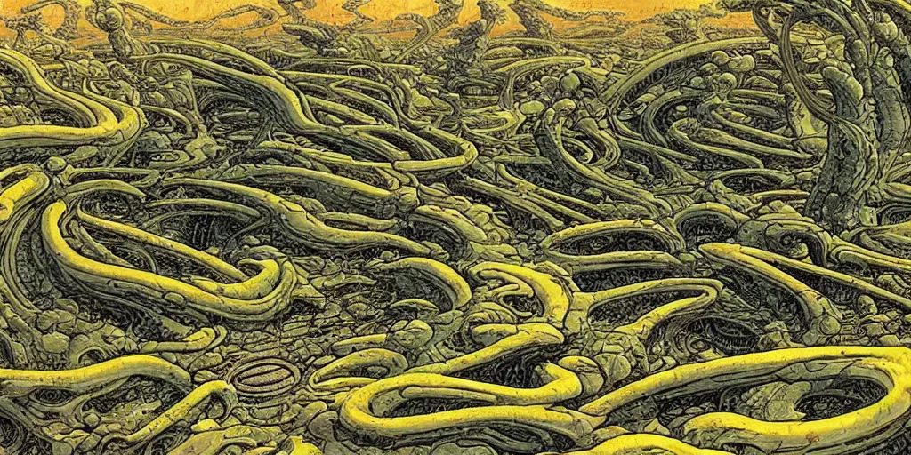 Image similar to alien landscape where strange plants have begun to grow, Moebius