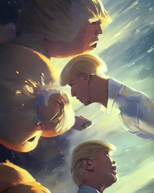 Prompt: donald trump and san goku facing each other off dressed in spaceship pilot dresses shaking hands, portrait, illustration, rim light, top light, perfectly shaded, spring time, slight overcast lighting, soft painting, art by krenz cushart and wenjun lin