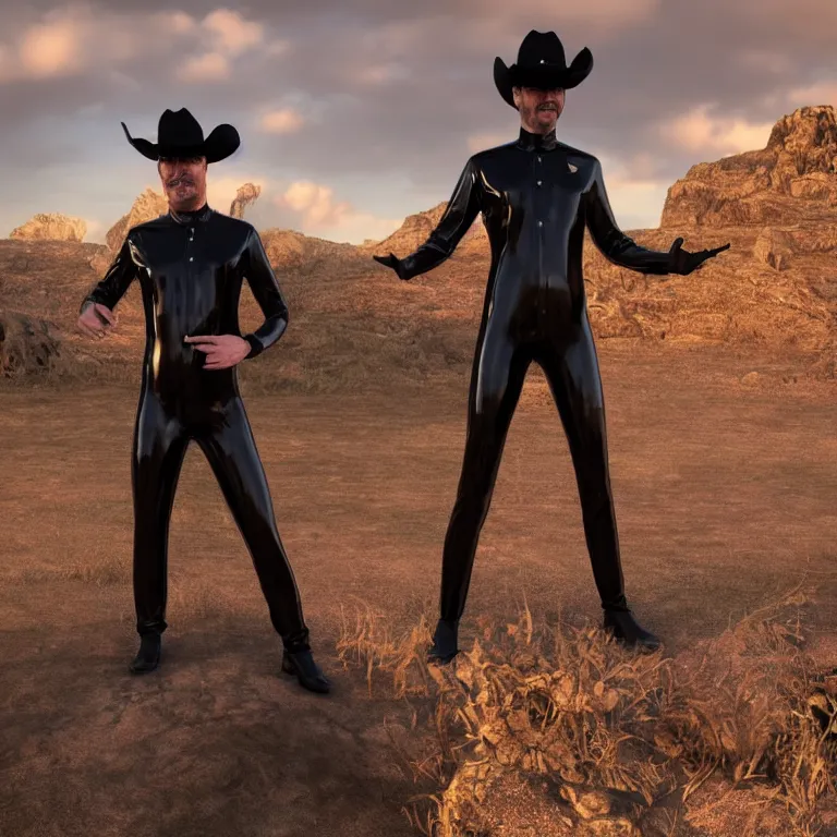 Prompt: octane render portrait by wayne barlow and carlo crivelli and glenn fabry, a man wearing a shiny black latex suit and cowboy hat covered in colorful slime, standing in a scenic western landscape, cinema 4 d, ray traced lighting, very short depth of field, bokeh