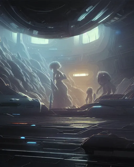 Image similar to A matted painting of Aliens of the Sun on a spaceship environment with expansive views of space, inspired by greg rutkowski and Keith Mallett, digital art, extremely moody lighting, glowing light and shadow, atmospheric, shadowy, cinematic