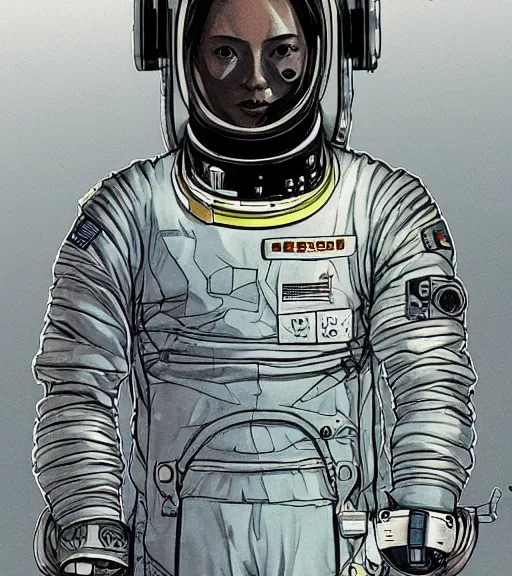 Image similar to realistic cyberpunk japanese astronaut with long limbs on a spacewalk outside of their ship, techwear, Industrial Scifi, detailed illustration, character portrait, by Martin Grip and Moebius