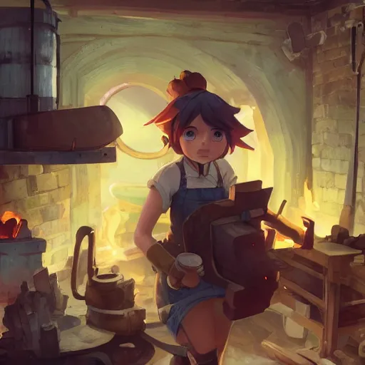 Image similar to a full body portrait of the short and fiery blacksmith Guinea pig with a beard at her forge, blacksmith's outfit, inside building, makoto shinkai, james gilleard, very detailed, matte, gaussian blur, tone mapped, Akihiko Yoshida.