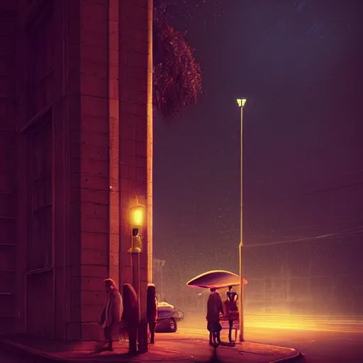 Image similar to some people waiting at bus stop in dark city night : : by beeple and james gilleard and justin gerard : :, centered, artstation, smooth, sharp focus, photoreal octane render, 3 d, by jean - baptiste monge!!!!!!!