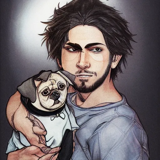 Image similar to self portrait, young white hispanic handsome man with short light brown hair and light skin and a 5 o clock shadow and holding a pug while fighting against 2 swordsmen pencil art, added detail, high definiton, colored, backfacing, illustrated by yoji shinkawa