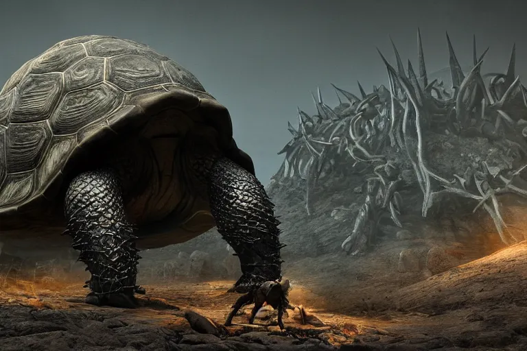 Prompt: a giant tortoise with spiked shell and sharp claws being pulled below the ground, dark souls inspired, elden ring inspired, octane render, rtx, unreal engine 5, digital painting, trending on artstation, highly detailed, epic composition, 8 k uhd