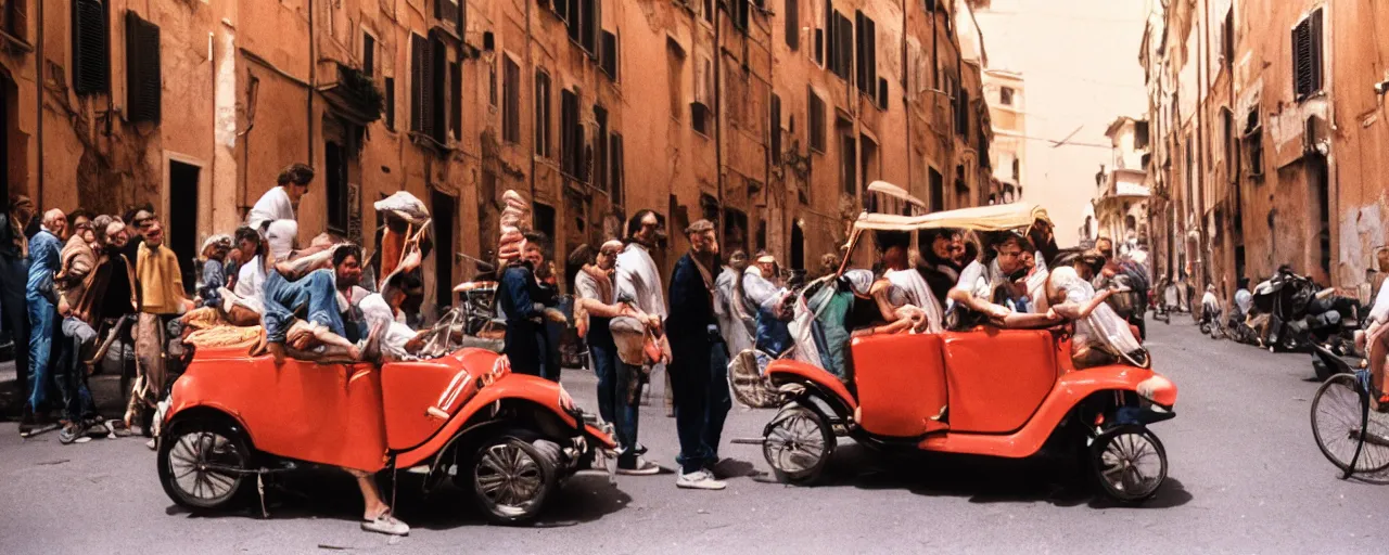 Image similar to a group of people on the streets of rome riding in a car made of spaghetti, canon 5 0 mm, cinematic lighting, photography, retro, film, kodachrome