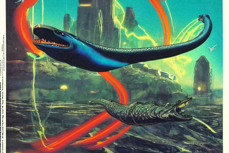 Image similar to 1979 OMNI Magazine Cover depicting An electric eel flying at a dinosaur. Cyberpunk Akira style by Vincent Di Fate