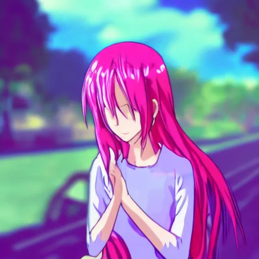 Prompt: pink haired woman in the anime style crossing her arms across her chest, motion blur, holography,