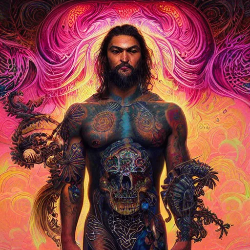 Image similar to portrait of jason momoa, hyper detailed masterpiece, neon floral pattern, jean giraud, digital art painting, darkwave goth aesthetic, psychedelic, artgerm, donato giancola and tom bagshaw