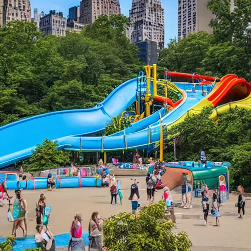 Image similar to photo of a large water park with numerous slides and water rides inside of central park. the new york city skyline is shown in the background.