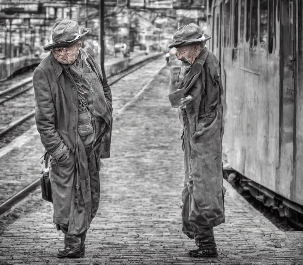 Prompt: Old man with a newsboy hat waits for a train with a lot of baggage on a platform, trains in the background, low angle, morning hard light, realistic digital art