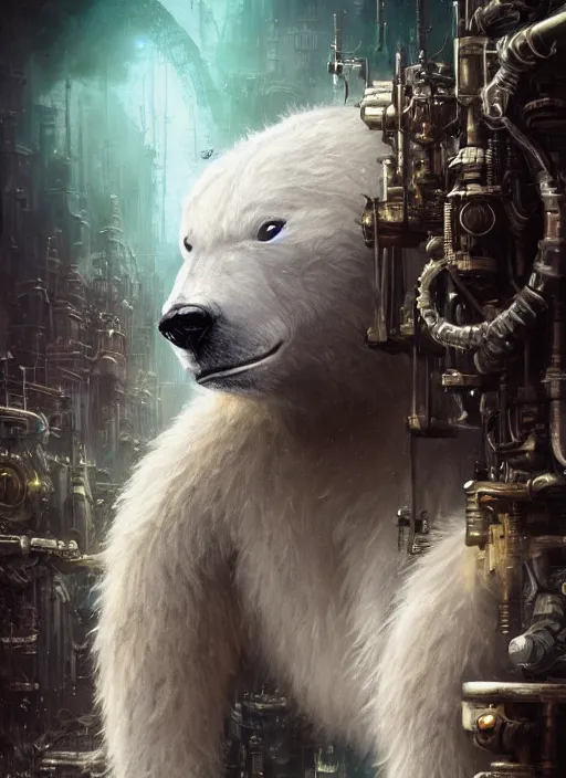 Image similar to white furry polar bear, steampunk googles, highly detailed, unreal engine 5, cinematic, 8 k, by megan duncanson, benjamin lacombe, adrian borda, stanley artgermm, tom bagshaw, craig mullins, carne griffiths, ayami kojima, beksinski, giger, trending on deviantart, hyper detailed, horror, full of colour