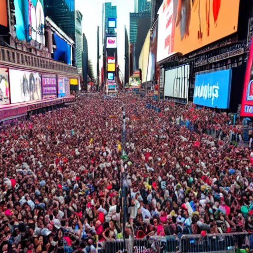 Prompt: giant foot over the crowd standing on times square, ready to squash them