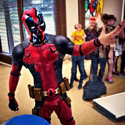 Prompt: deadpool at a children's birthday party, photography,