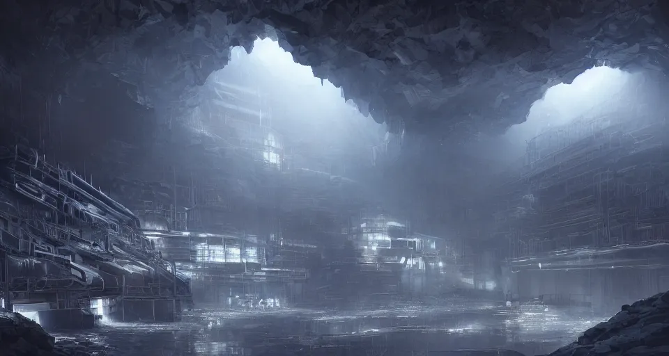 Image similar to futuristic factory in a dark cave, black rocks, dramatic light, intricate, highly detailed, digital painting, volumetric light, artstation, concept art, sharp focus