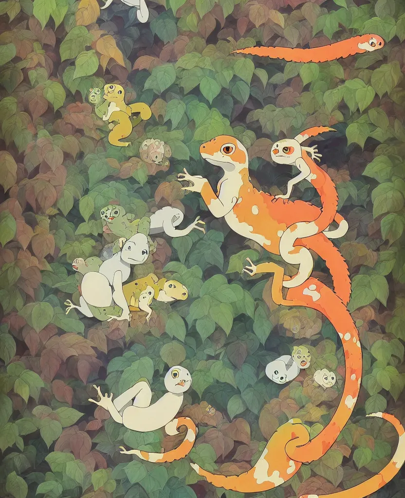 Image similar to beautiful painting from the anime film by studio ghibli, multi colored geckos, drooling, fur, trending on artstation, by MC Escher