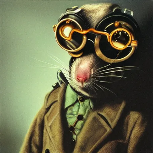 Image similar to a rat with steampunk googles, by Gottfried Helnwein