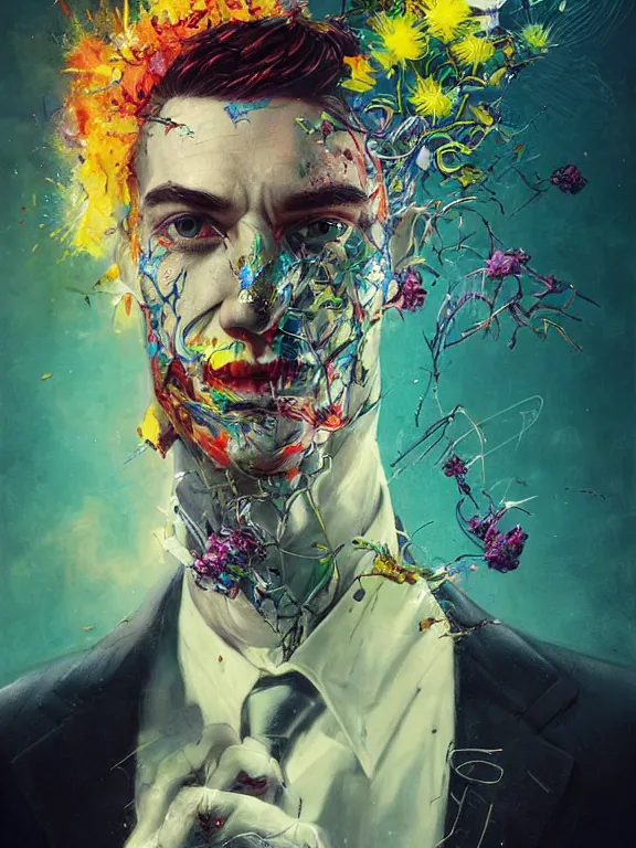 Prompt: art portrait of businessman with flower exploding out of head,by tristan eaton,Stanley Artgermm,Tom Bagshaw,Greg Rutkowski,Carne Griffiths,trending on DeviantArt,face enhance,chillwave,minimalist,cybernetic, android, blade runner,full of colour,