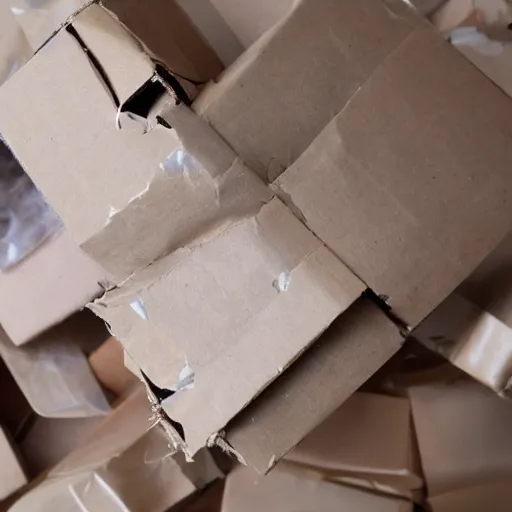 Image similar to broken and damaged cardboard box pulled apart, ripped, wrapped in fragile tape