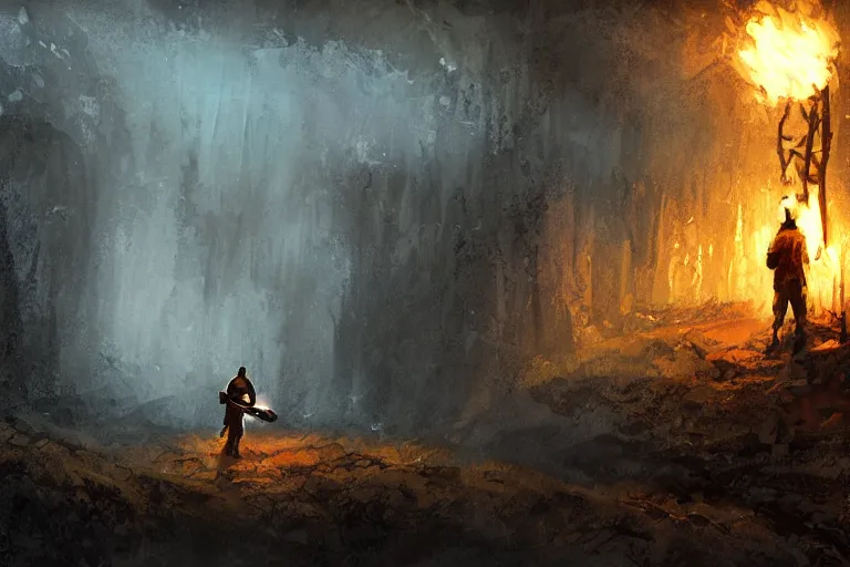 Image similar to concept art, mood painting, environment painting, man holding torch dark ruined mineshaft lotr. style of ryan church, jon mccoy, george hull, painting